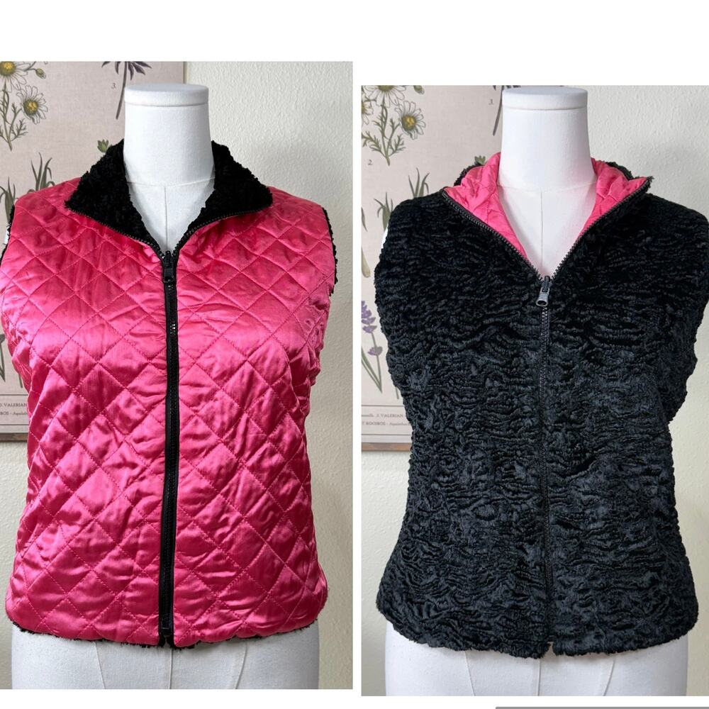 90s Y2k Reversible Faux Fur Pink Satin Quilted Full Zip Vest Trashy Ski Bunny L
